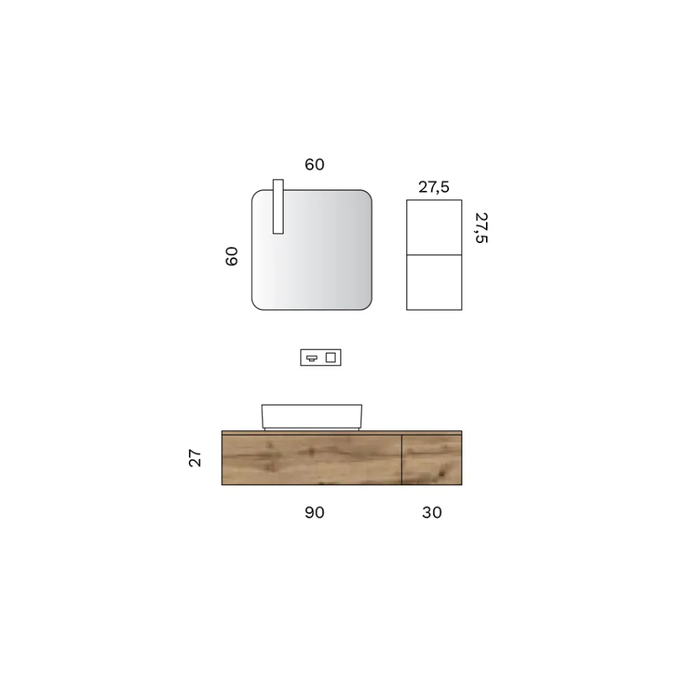Badrumskomposition med 2 eklådor, handfat i keramik och spegel - Titan Viadurini