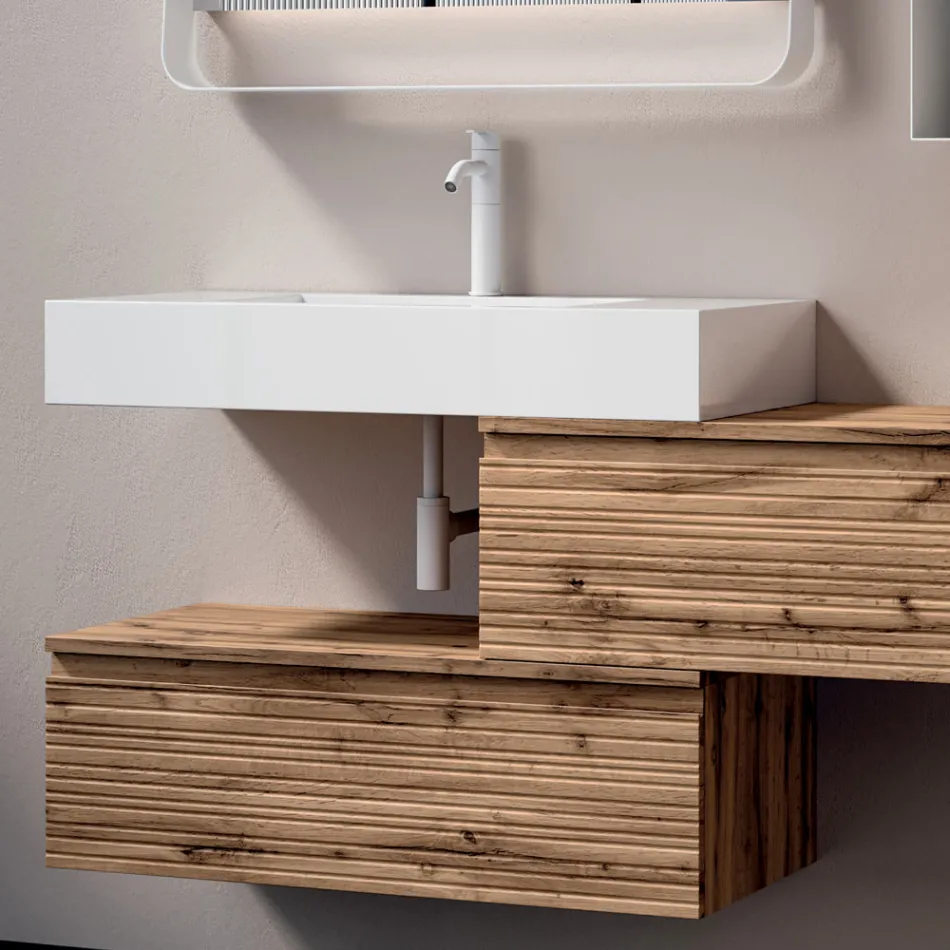 Badrumskomposition med 2 lådor, vitt handfat, spegel och väggskåp - Elios Viadurini