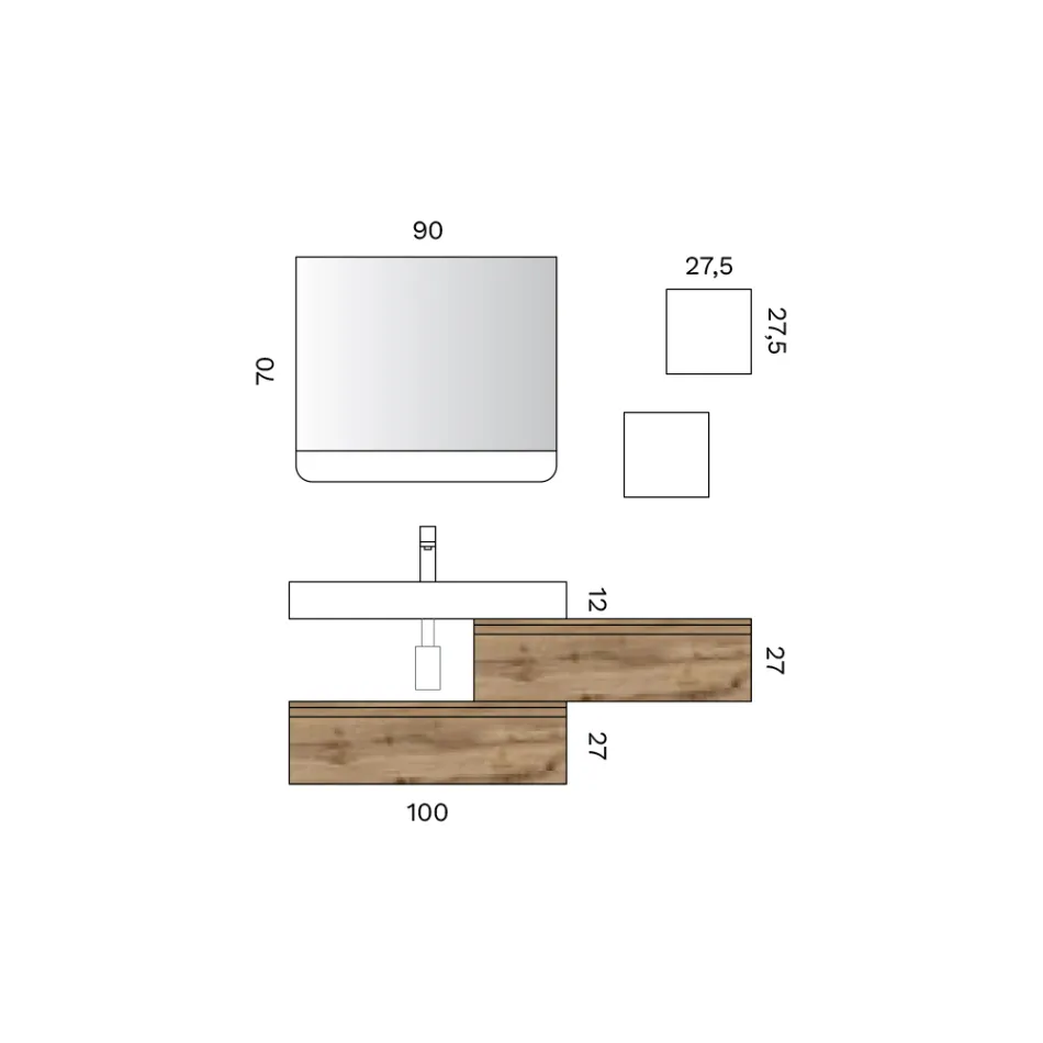 Badrumskomposition med 2 lådor, vitt handfat, spegel och väggskåp - Elios Viadurini