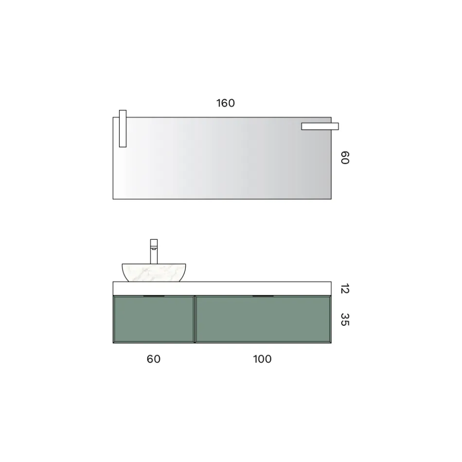 Badrumskomposition med 2 lådor, handfat i Calacatta-keramik och spegel - Orione Viadurini