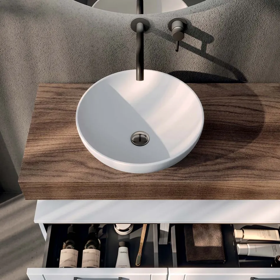 Badrumskomposition med 2 lådor, spegel och vit hartshandfat - Magnolia Viadurini