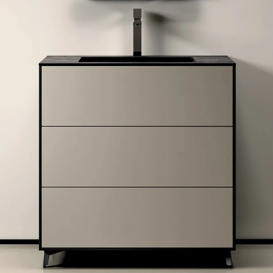 Badrumskomposition med 3 mattduvgrå lådor, spegel och handfat - Velaria Viadurini