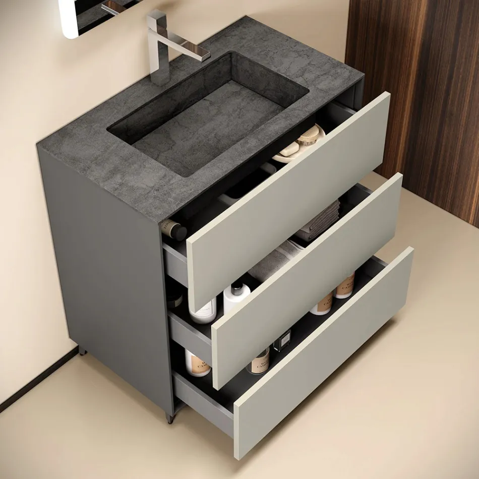 Badrumskomposition med 3 mattduvgrå lådor, spegel och handfat - Velaria Viadurini