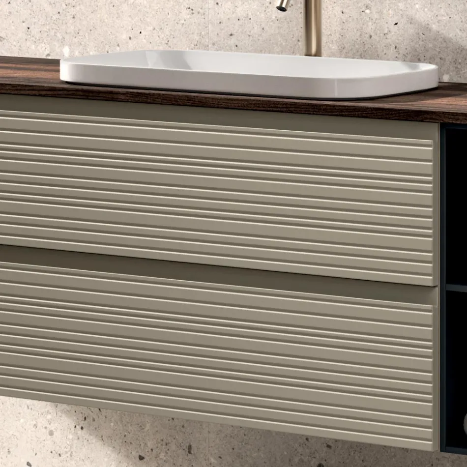 Badrumskomposition med 4 lådor, handfat, spegel och öppna hyllor - Elios Viadurini