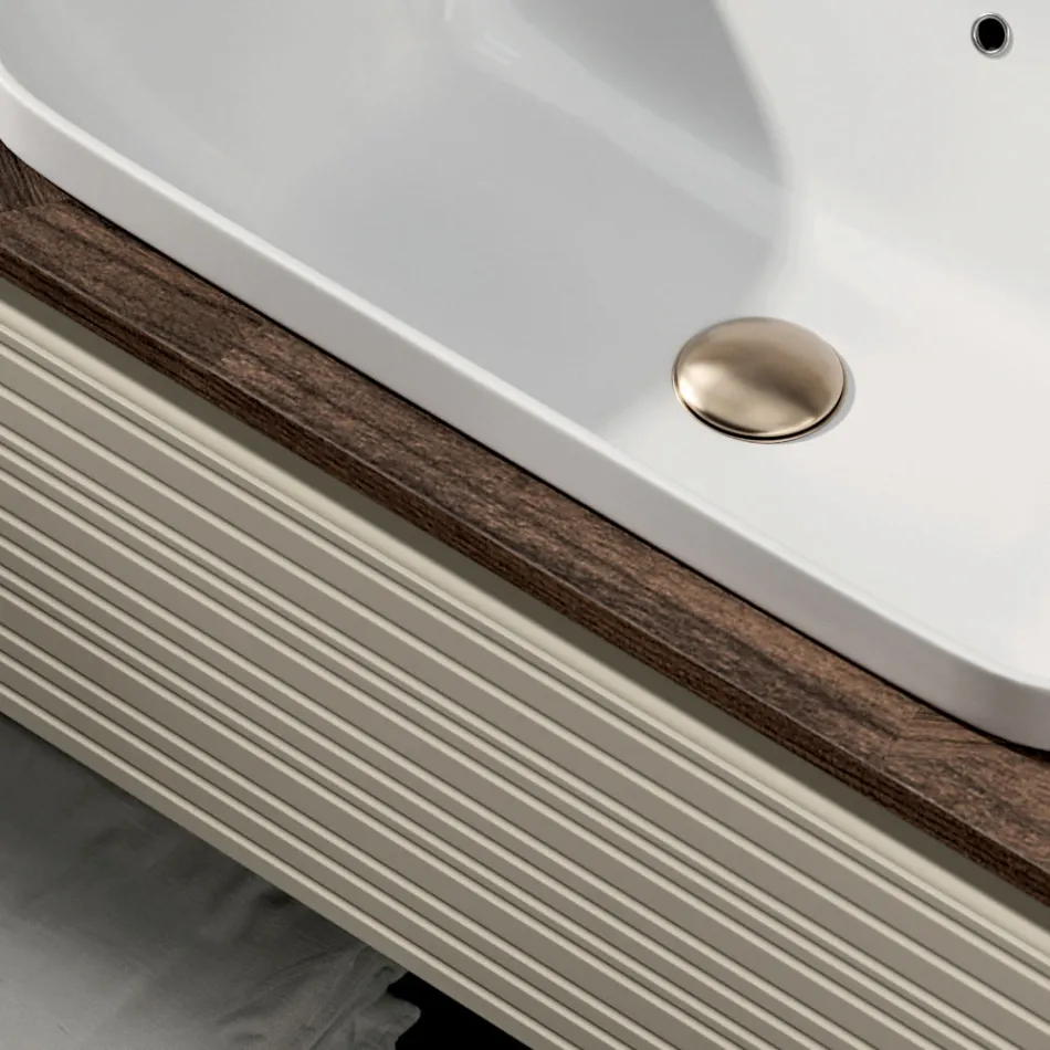 Badrumskomposition med 4 lådor, handfat, spegel och öppna hyllor - Elios Viadurini