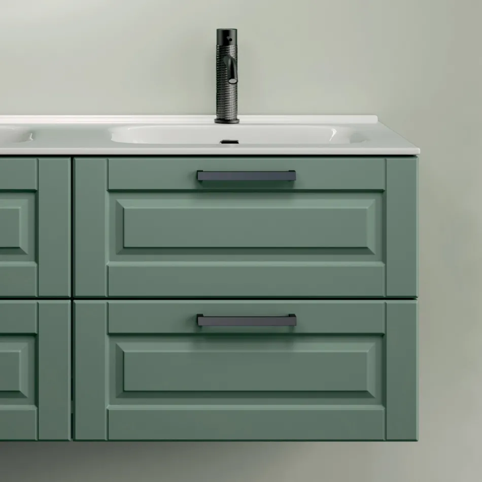 Badrumskomposition med 4 salviagröna lådor, spegel och handfat - Magnolia Viadurini