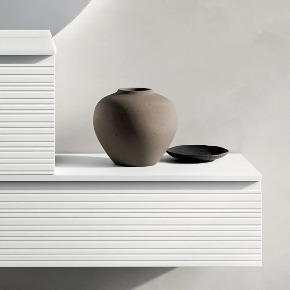 Badrumskomposition med lådor, handfat i keramik och LED-spegel - Elios Viadurini