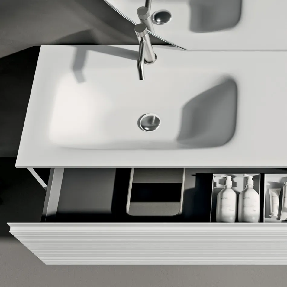 Badrumskomposition med lådor, handfat i keramik och LED-spegel - Elios Viadurini