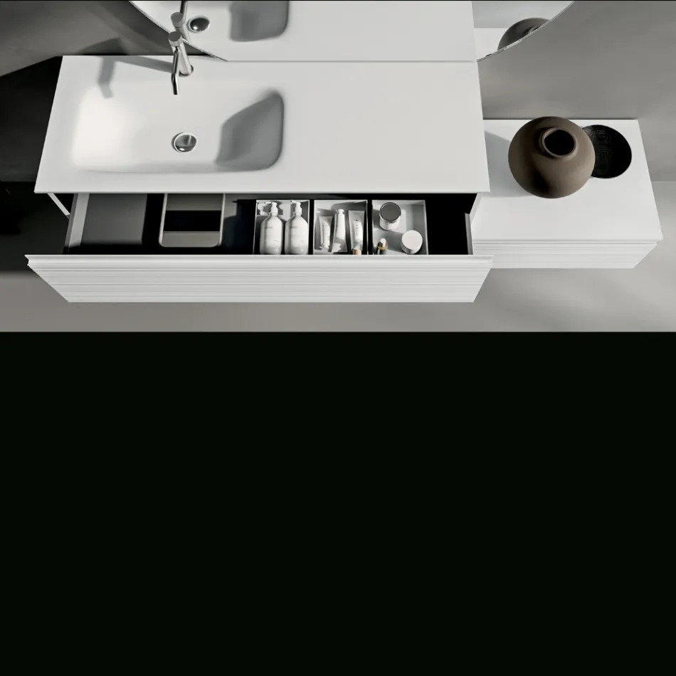 Badrumskomposition med lådor, handfat i keramik och LED-spegel - Elios Viadurini