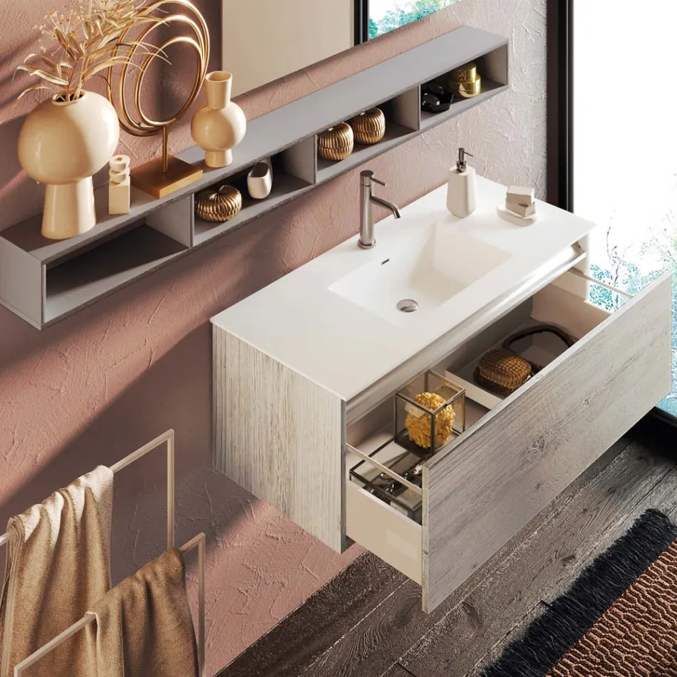 Badrumssammansättning med spegel och lampa, anti-skrapbas tillverkad i Italien - dröm Viadurini