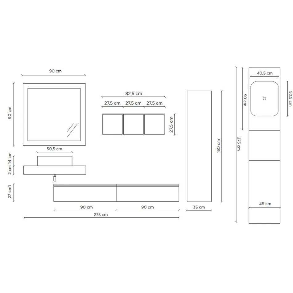 Badrumskomposition med spegel och keramiskt handfat Tillverkad i Italien - Palom Viadurini