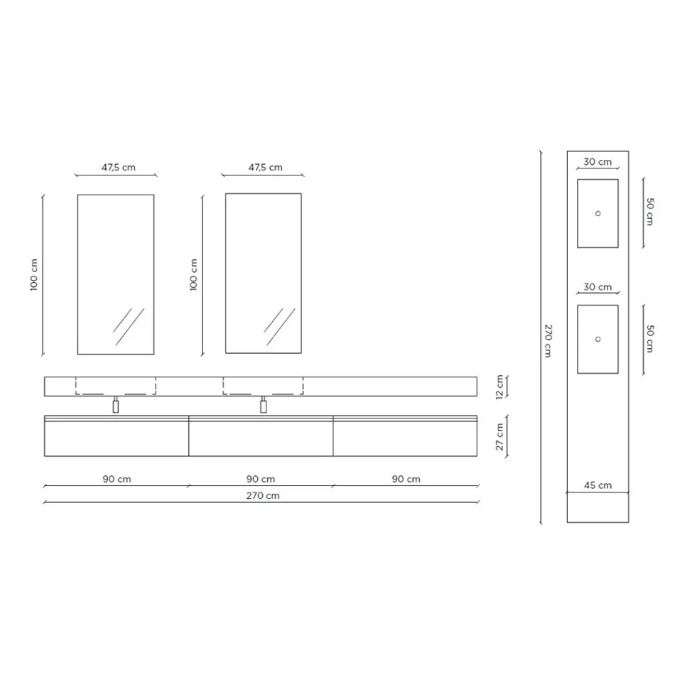 Dubbel badrumskomposition med rektangulär spegel och handfat Tillverkad i Italien - Palom Viadurini