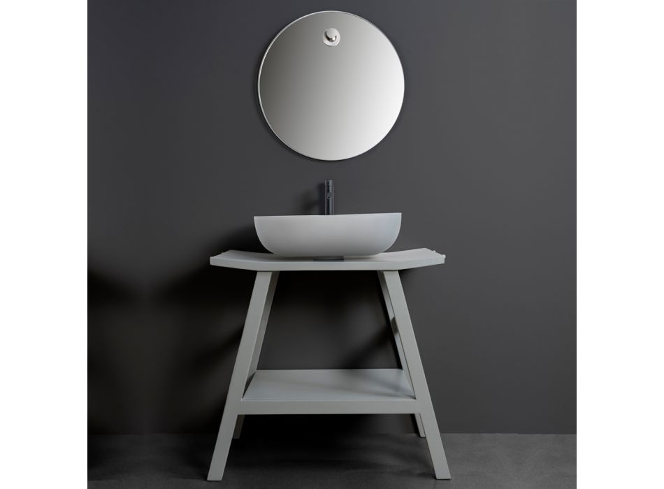 Grå badrumskomposition med spegel, teakskåp och tillbehör - Patryk Viadurini