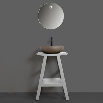 Grå badrumskomposition med rund spegel och diverse tillbehör - Maryse