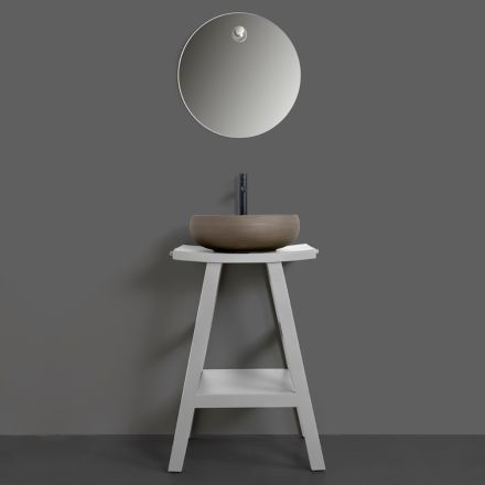 Grå badrumskomposition med rund spegel och diverse tillbehör - Maryse Viadurini
