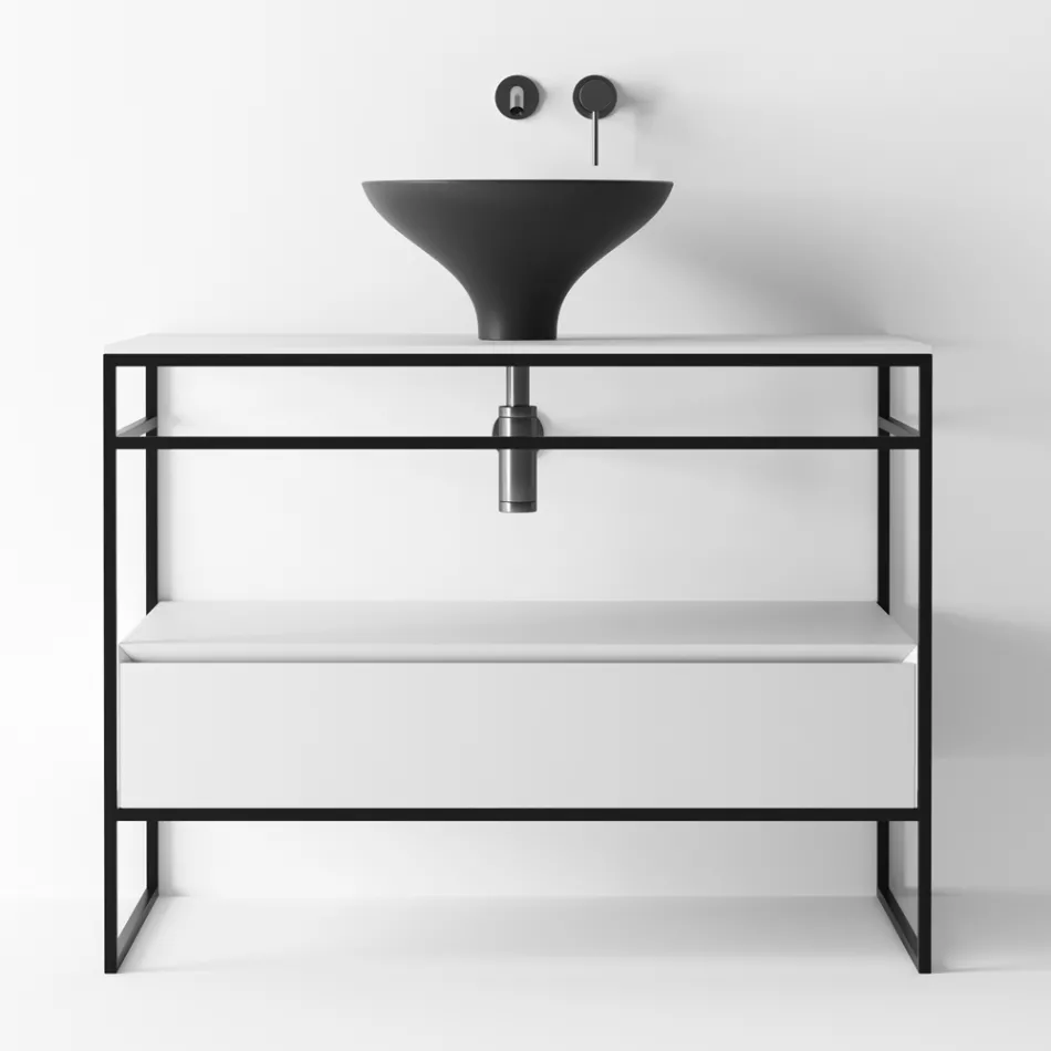 Badrumssammansättning Tvättställ i keramik och spegel Tillverkad i Italien - Hoscar Viadurini