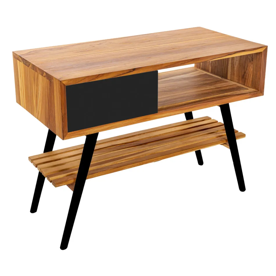 Svart badrumskomposition med teakskåp och kvalitetstillbehör - Sylviane Viadurini