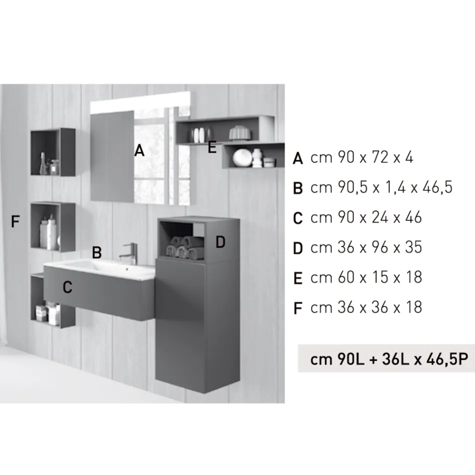Upphängd badrumskomposition i rökgrå fenix tillverkad i Italien, Neapel Viadurini