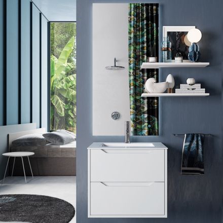 Upphängd badrumskomposition, spegel och vita baser tillverkade i Italien - Polsen Viadurini