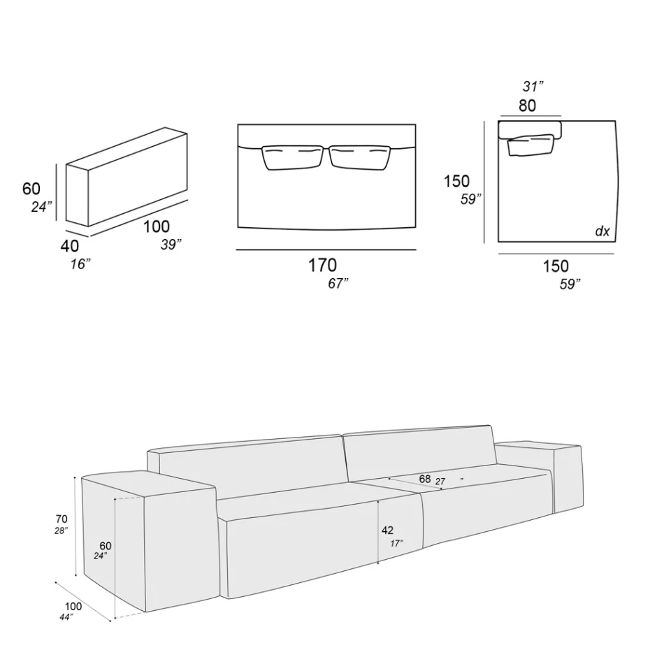 Sammansättning av 1 soffa, 1 armstöd och 1 halvö - bisarrt Viadurini