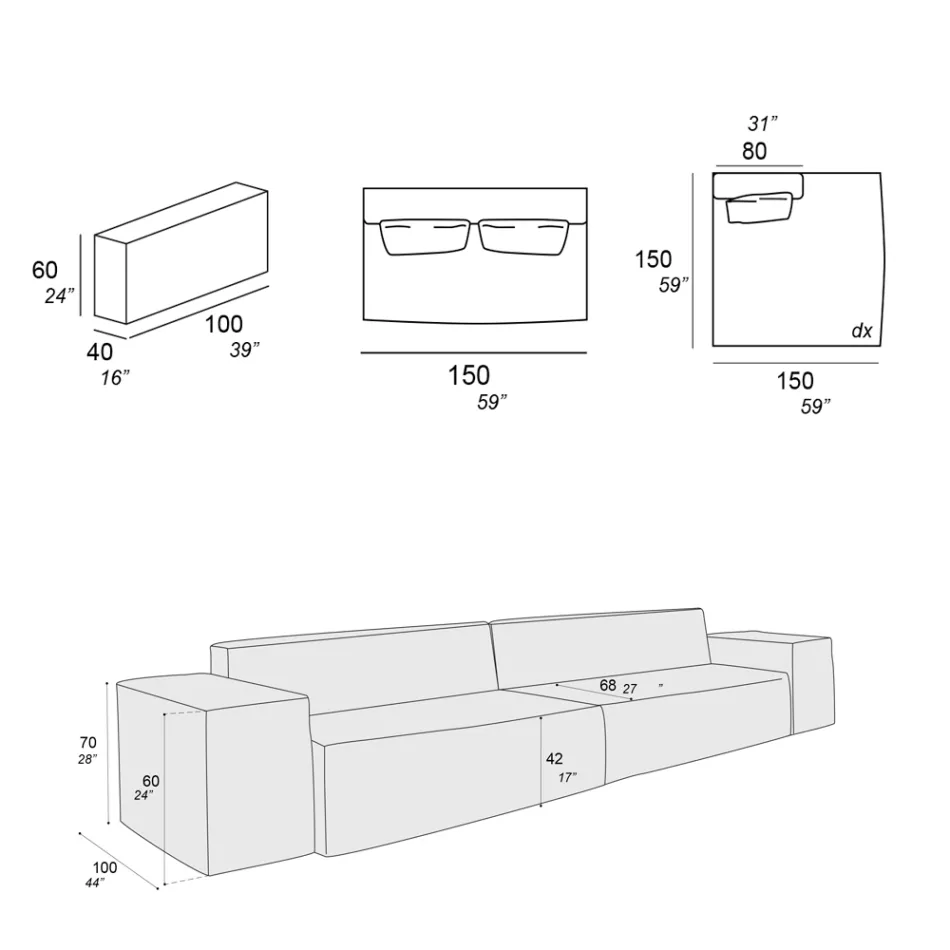 Sammansättning av 1 soffa, 1 armstöd och 1 halvö - bisarrt Viadurini