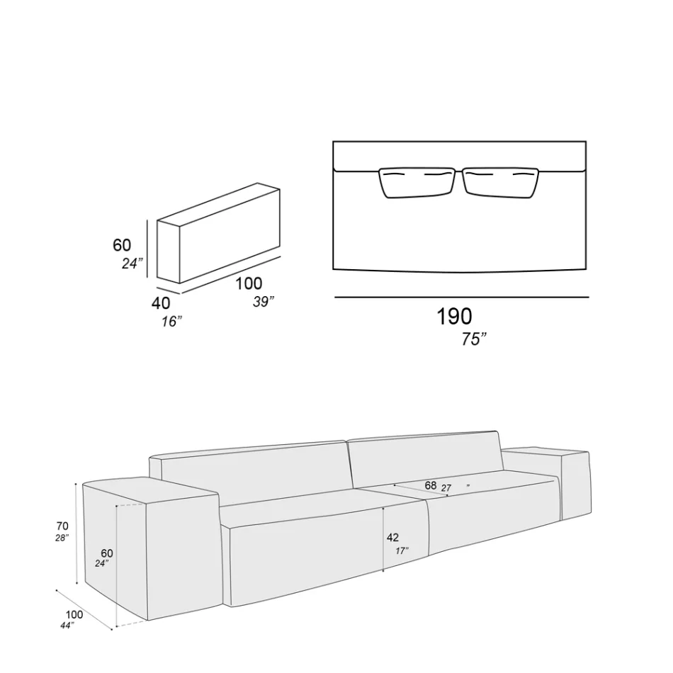 Sammansättning av 2 soffor med ryggstöd och 2 armstöd - bisarrt Viadurini