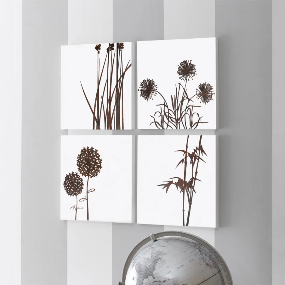 Sammansättning av 4 paneler med hortensior, allium och thyfa tillverkade i Italien - beräkning Viadurini