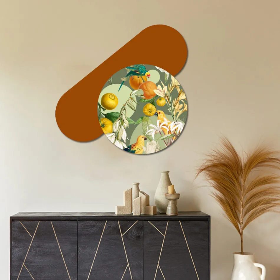 Sammansättning av trämålningar med papegojtryck gjord i Italien - Egypten Viadurini