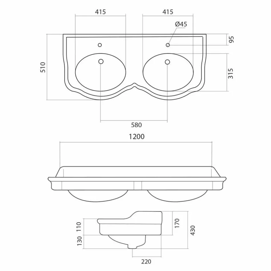 Classic dubbelskål badrumskonsol tillverkad i Italien, Magda Viadurini