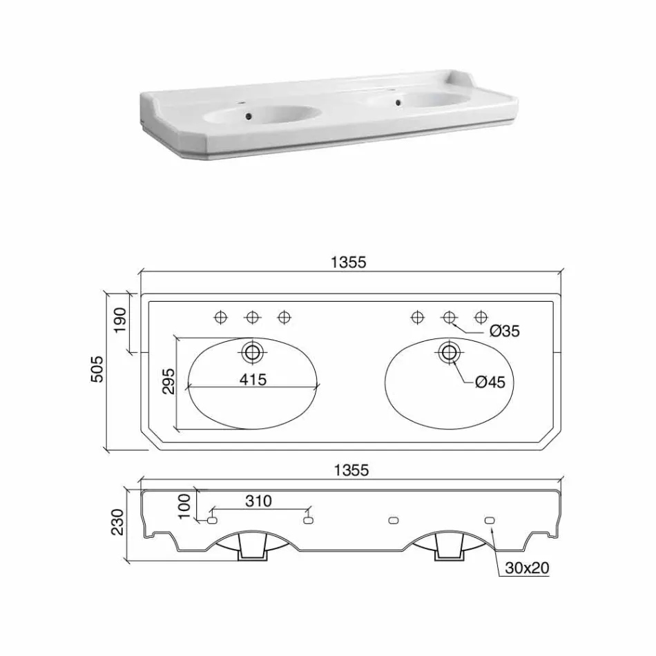 Badrumskonsol L 135 cm med dubbelskål i keramik Tillverkad i Italien - Nausica Viadurini