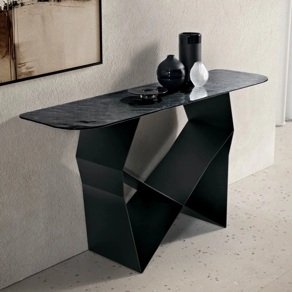 Konsolbord i metall och hamrad glasskiva med rygg - silverfinish - Concordia Viadurini