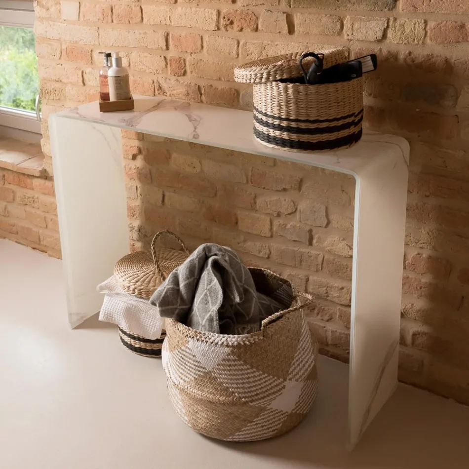 10 mm härdat böjt konsolbord i glas med marmoreffekt - Agordo Viadurini