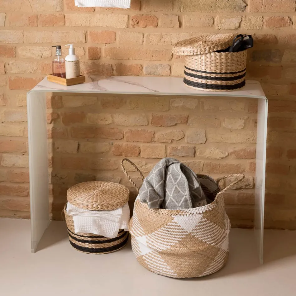 10 mm härdat böjt glaskonsolbord med marmoreffekt - Agordo Viadurini