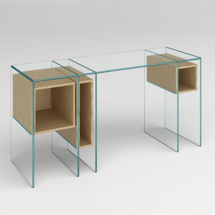 Konsolskrivbord i extra klart glas och trä Tillverkat i Italien - Damiano Viadurini