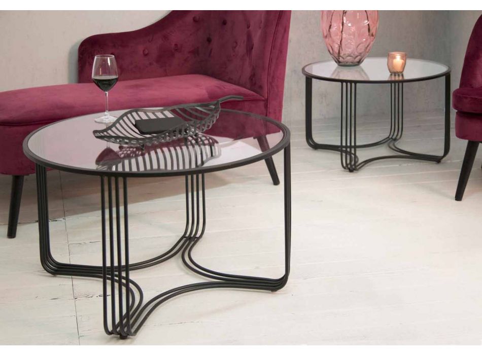 Ett par moderna runda låga kaffebord i järn och glas - Mirna Viadurini