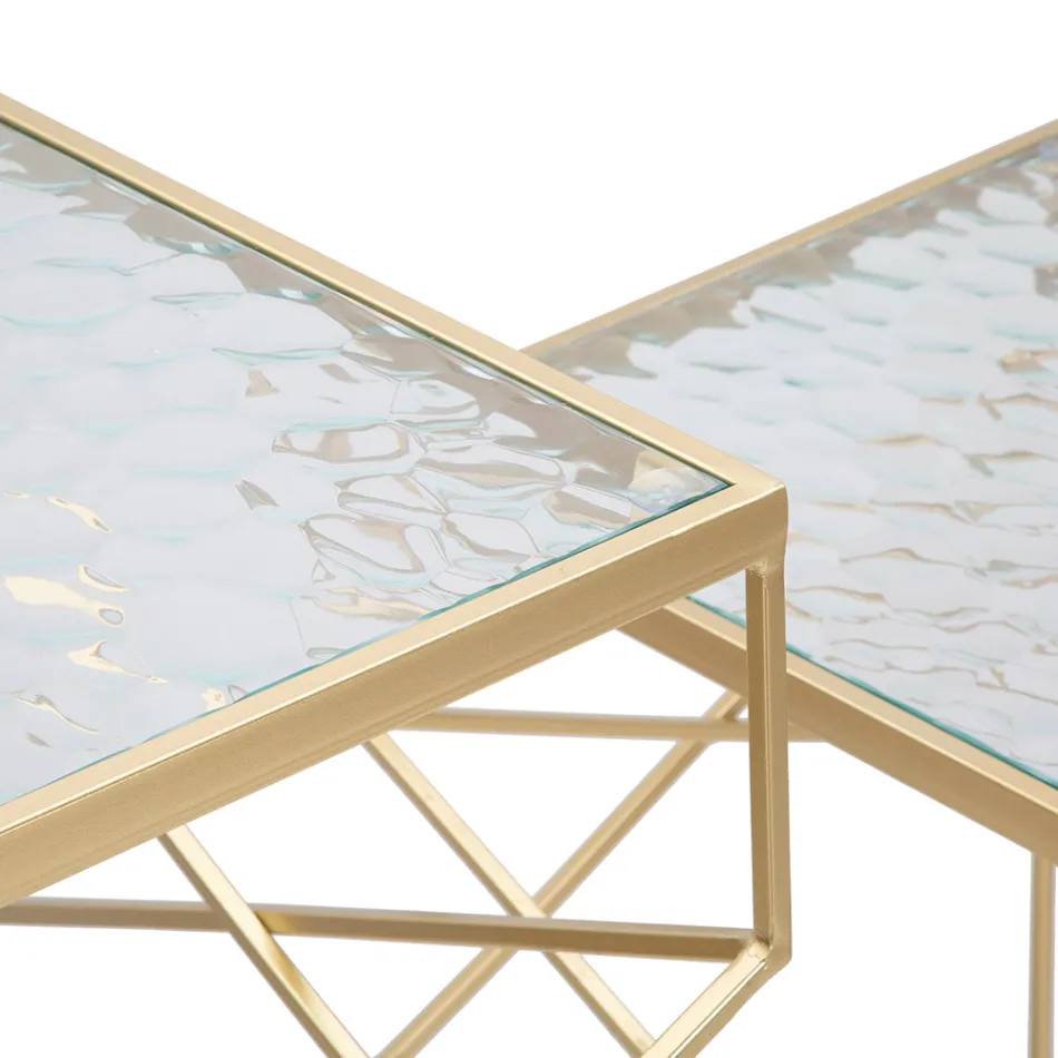 Ett par fyrkantiga telefonbord i gyllene järn- och glasskiva - Pope Viadurini
