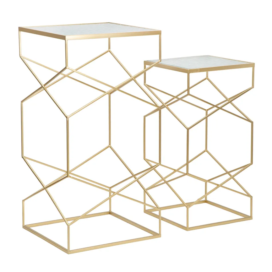 Ett par fyrkantiga telefonbord i gyllene järn- och glasskiva - Pope Viadurini
