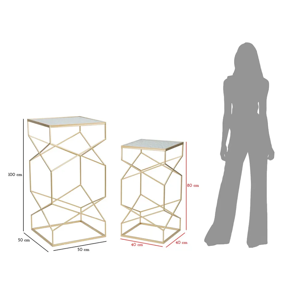 Ett par fyrkantiga telefonbord i gyllene järn- och glasskiva - Pope Viadurini