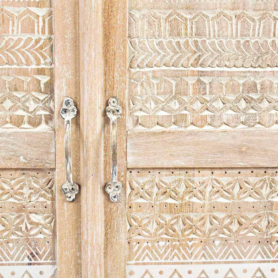 Hög skänk i handdekorerat trä med mässingshandtag Homemotion - Zotto Viadurini