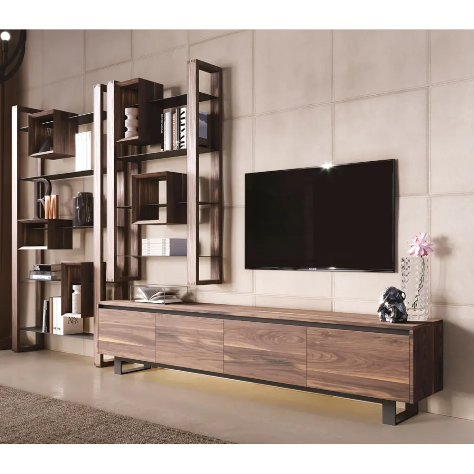 Låg skänk i trä med metallbas Tillverkad i Italien - Berta Viadurini