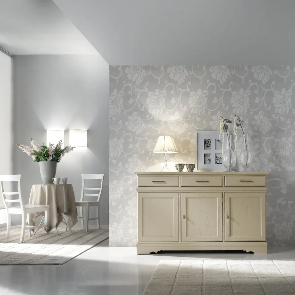 Skänk med 3 dörrar och 3 lådor i patinerad elfenben Tillverkad i Italien - Gleti Viadurini