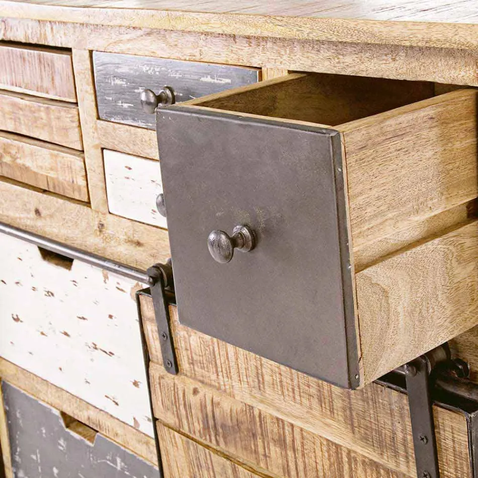 Skänk med struktur i mangoträ och stål i industriell stil - Vidia Viadurini