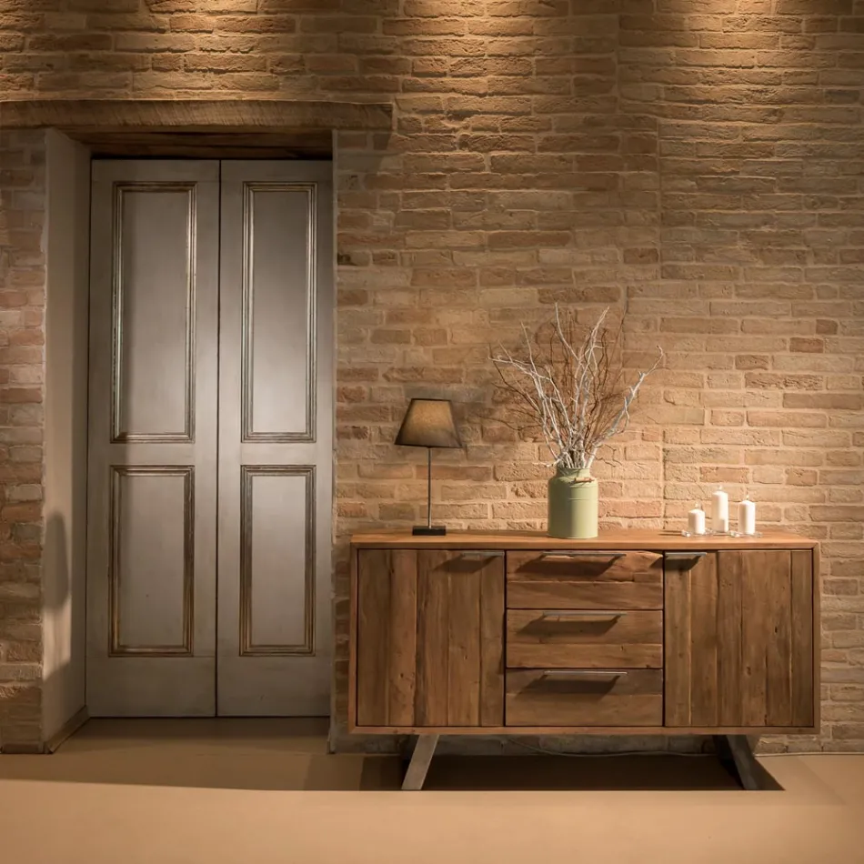 Skänk med 2 dörrar och 3 lådor i återvunnet tropiskt trä - skjut Viadurini