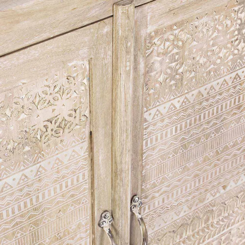 Skänk i mangoträ med handinläggningar - Zotto Viadurini