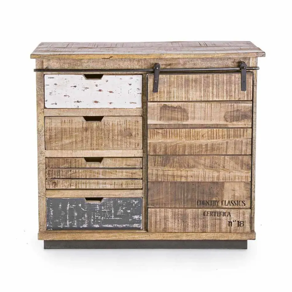 Skänk i trä och stål med dörr och 4 lådor industriell stil - Renza Viadurini