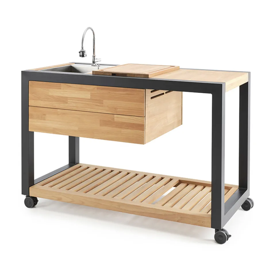 Utekök 140x65x93 cm tillverkat av massiv teak och aluminium - Convivial Viadurini