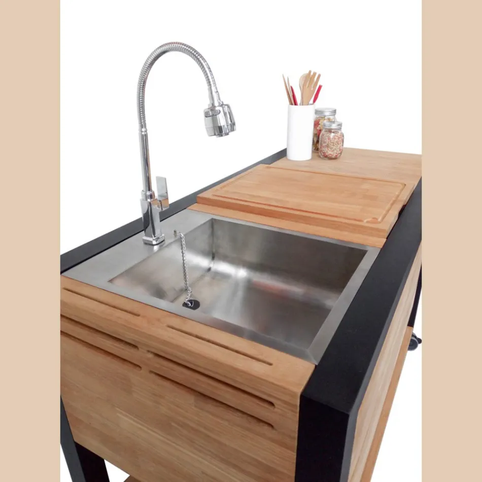 Utekök 140x65x93 cm tillverkat av massiv teak och aluminium - Convivial Viadurini