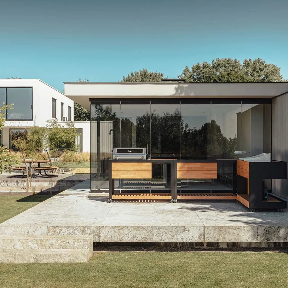 Utekök 140x65x93 cm tillverkat av massiv teak och aluminium - Convivial Viadurini