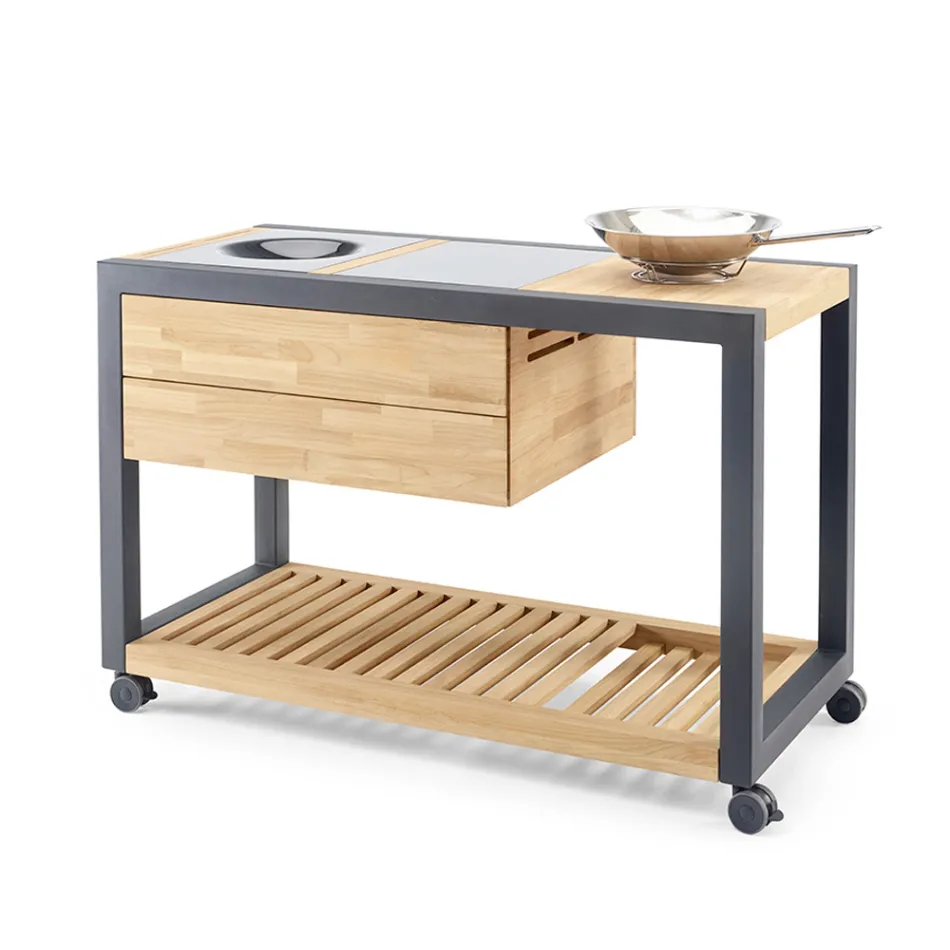 Utekök 140x65x93 cm tillverkat av massiv teak och aluminium - Convivial Viadurini