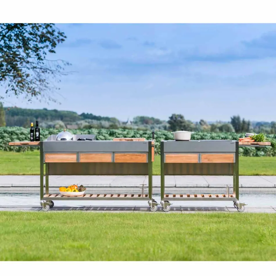 Modernt utomhusträdgårdskök på trä- och stålhjul - Buoncalliope Viadurini